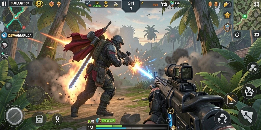 Tampilan gameplay seru in-game DEWAGARUDA saat pertarungan.