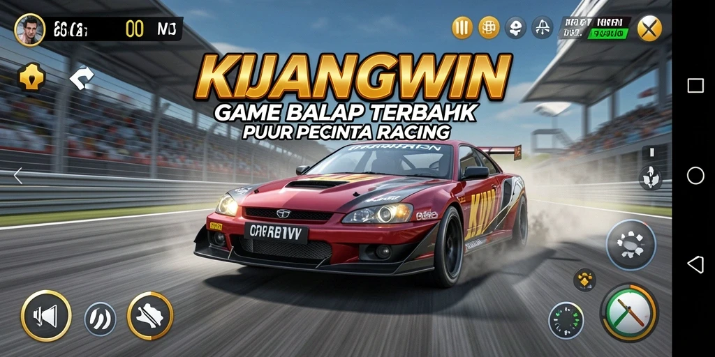 Tampilan gameplay KIJANGWIN dengan mobil balap di lintasan.