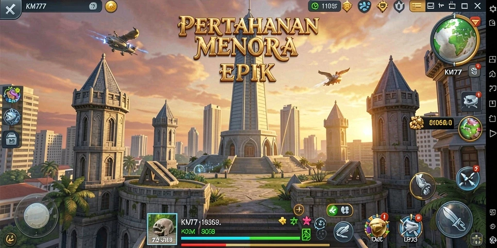 Tampilan gameplay KM777 dengan menara yang beraksi melawan gelombang musuh.