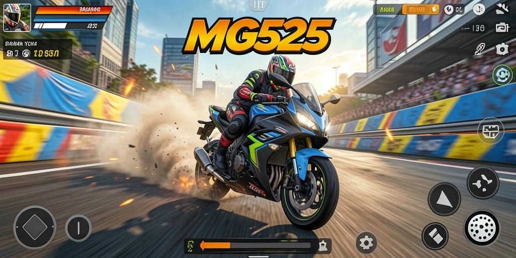 Tampilkan gameplay MG525 dengan aksi balapan motor yang mendebarkan.