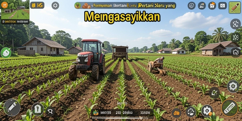 Screenshot gameplay MIOTOTO menampilkan pertanian yang subur dan aktivitas bertani.
