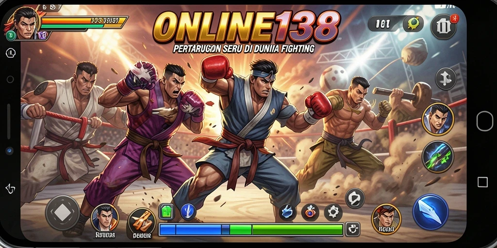 Screenshot utama menunjukkan aksi pertarungan seru dalam ONLINE138.