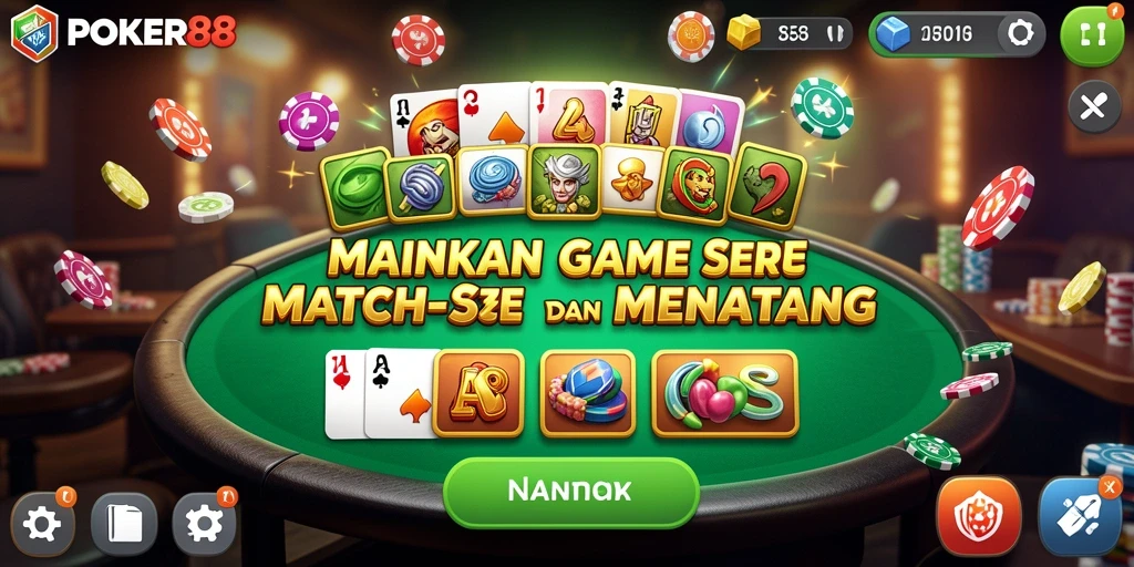 Screenshot utama POKER88 menampilkan gameplay Match-3 yang seru.