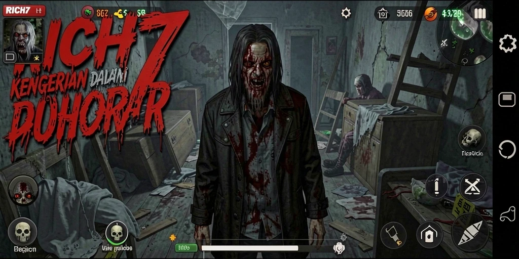 Tangkapan layar gameplay RICH7 yang menampilkan suasana horor yang mendalam.