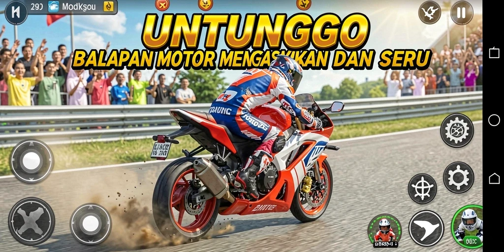 Screenshot UNTUNGGO menunjukkan aksi balapan motor yang intens.