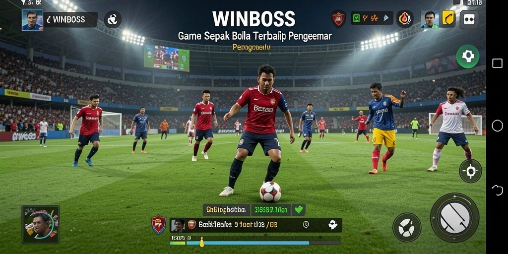 Screenshot dari gameplay <strong>WINBOSS</strong> yang menunjukkan aksi seru dalam sepak bola.